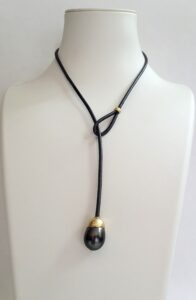 Black Tahitian Pearl with 18kt Yellow Gold Hand Hammered Cap & Keeper Leather Lariat  