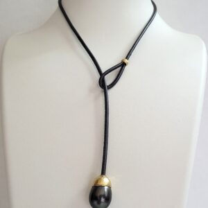 Black Tahitian Pearl with 18kt Yellow Gold Hand Hammered Cap & Keeper Leather Lariat