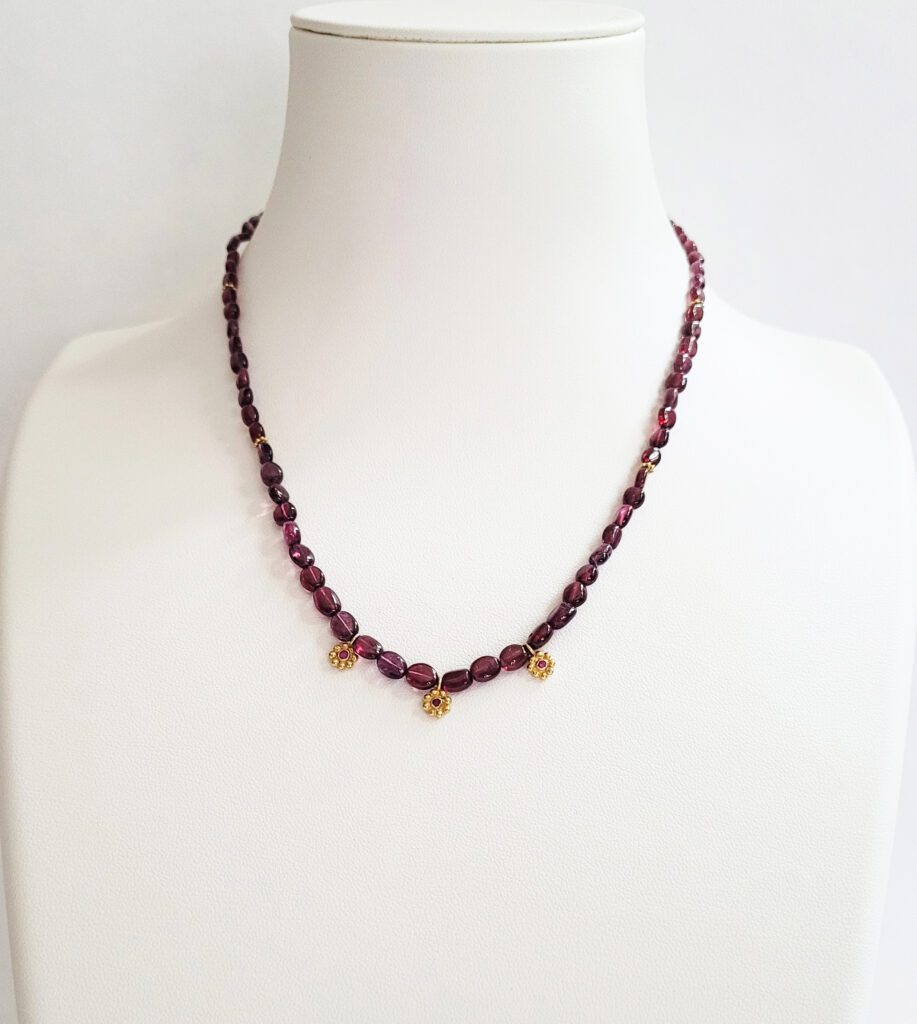 Cranberry Colored Polished Spinel Beads, 18kt Yellow Gold & Ruby Drops, 18kt Yellow Gold Beads & Clasp