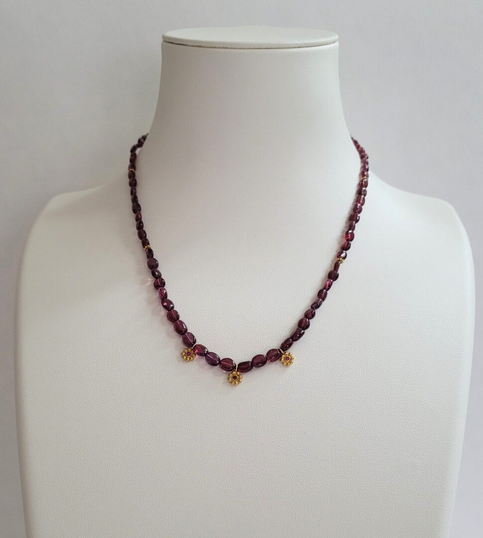 Cranberry Colored Polished Spinel Beads, 18kt Yellow Gold & Ruby Drops, 18kt Yellow Gold Beads & Clasp