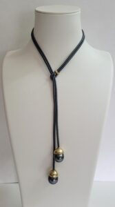 Double Tahitian Pearl Lariat, 18kt Yellow Gold Hand Hammered Caps, 18kt Yellow Gold Keeper & Leather