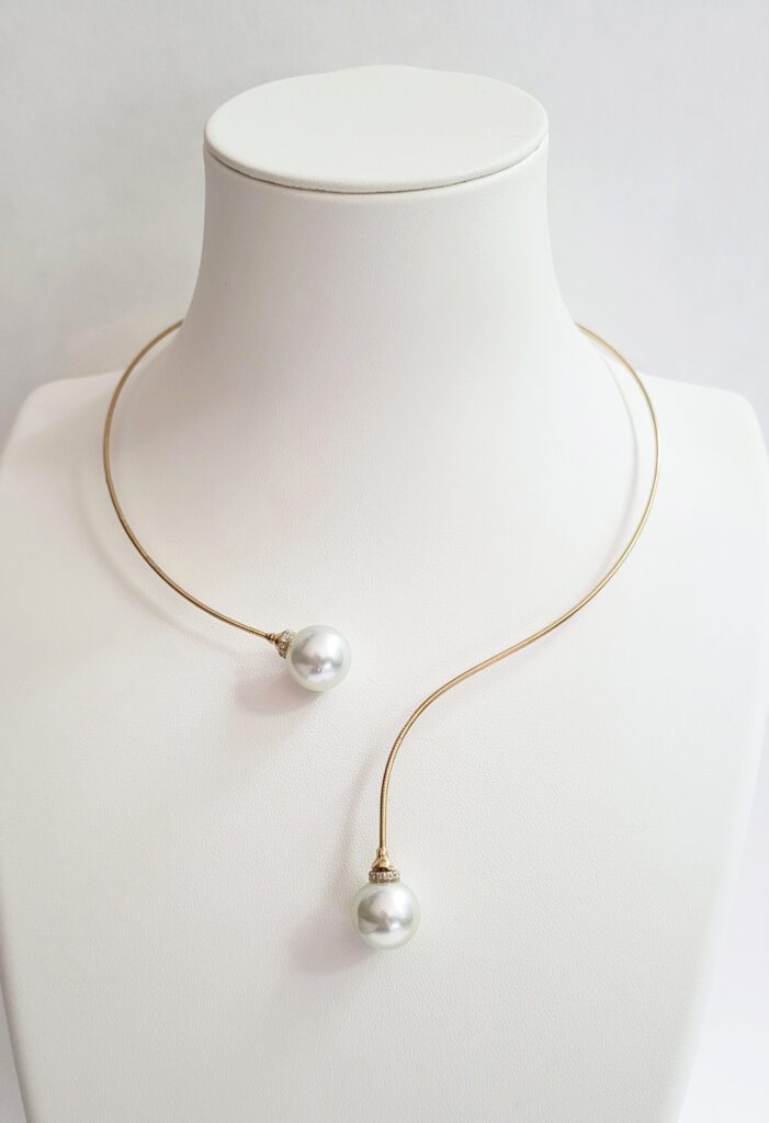 13.75mm & 13.65 mm Round White South Sea Pearls on 18kt Yellow Gold Titanium Inlay Necklace