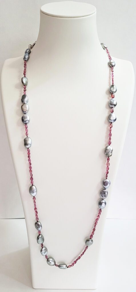 33" Polished Pink Spinel Beads, Rare Silver Keshi Pearls, 18kt White Gold Clasp
