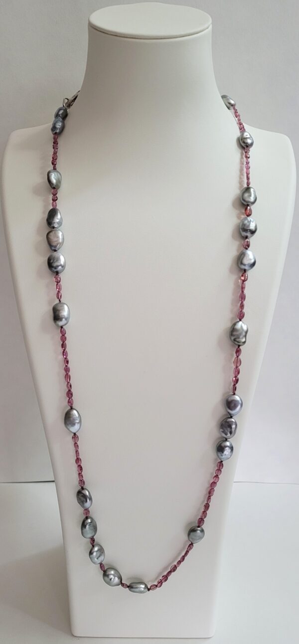 Polished Pink Spinel Beads, Rare Silver Keshi Pearls, 18kt White Gold Clasp Necklace - Image 2