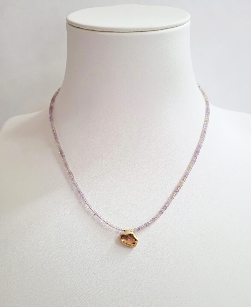 15" - 16.5" Ametrine Beads, 18kt Yellow Gold Handmade Bezel set Pink Sapphire Slice, 18kt Yellow Gold Handmade Clasp