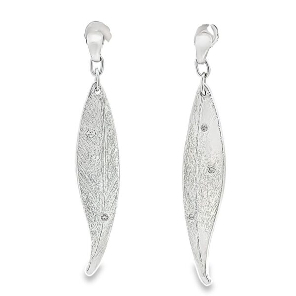 Sterling Silver Precious Metal Clay Leaf & White Sapphires Earring