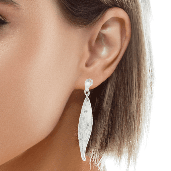 Sterling Silver Precious Metal Clay Leaf & White Sapphires Earring