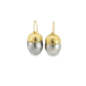 Light & Darker Silver Tahitian Pearls, 18kt Yellow Gold Cap & Wire Earrings