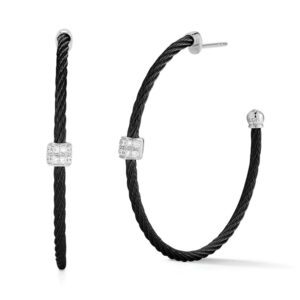 Black Cable 3/4″ Hoop Earrings with 18kt White Gold & Single Diamond Station