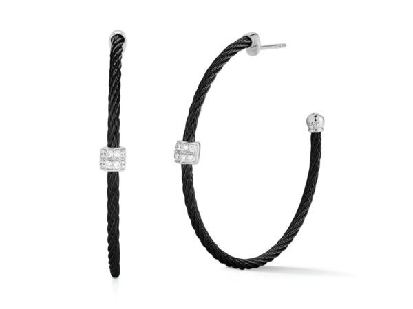 Black Cable 3/4″ Hoop Earrings with 18kt White Gold & Single Diamond Station