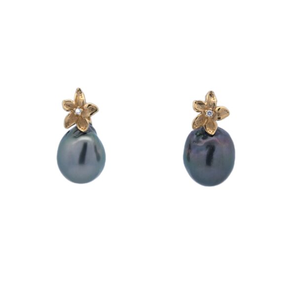 Green/Grey Tahitian Pearls,18kt Yellow Gold & Diamond Flower Earrings