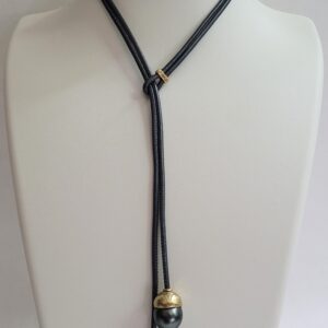 19" 14.25mm Double Tahitian Pearl Lariat, 18kt Yellow Gold Hand Hammered Caps, 18kt Yellow Gold Keeper, Blue/Grey Italian Stitched Leather