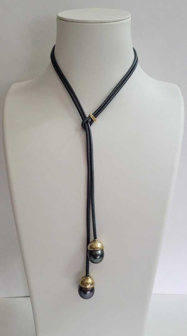 19" 14.25mm Double Tahitian Pearl Lariat, 18kt Yellow Gold Hand Hammered Caps, 18kt Yellow Gold Keeper, Blue/Grey Italian Stitched Leather