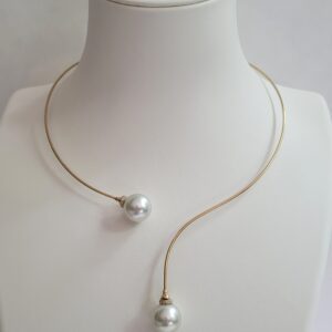 13.75mm & 13.65 mm Round White South Sea Pearls on 18kt Yellow Gold Titanium Inlay Necklace