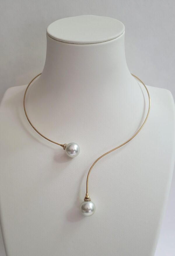 13.75mm & 13.65 mm Round White South Sea Pearls on 18kt Yellow Gold Titanium Inlay Necklace