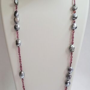 33" Polished Pink Spinel Beads, Rare Silver Keshi Pearls, 18kt White Gold Clasp