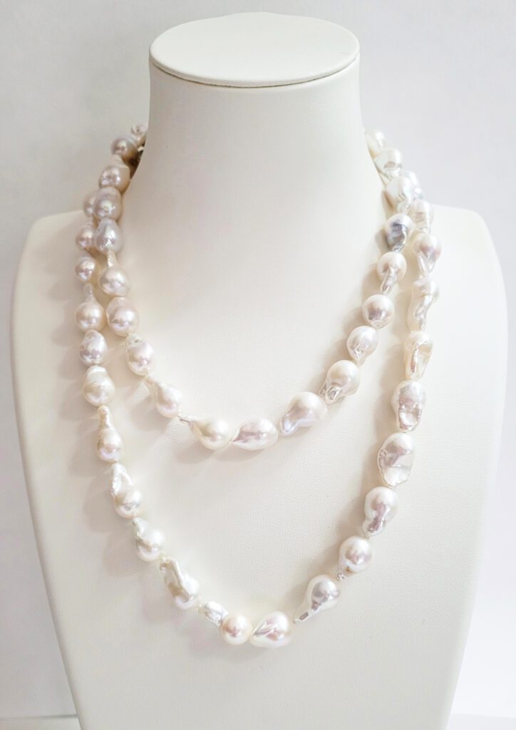 38" Baroque White Freshwater Pearls Knotted on Silk with a 14kt Yellow Gold & Diamond Ball Clasp