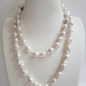 38" Baroque White Freshwater Pearls Knotted on Silk with a 14kt Yellow Gold & Diamond Ball Clasp