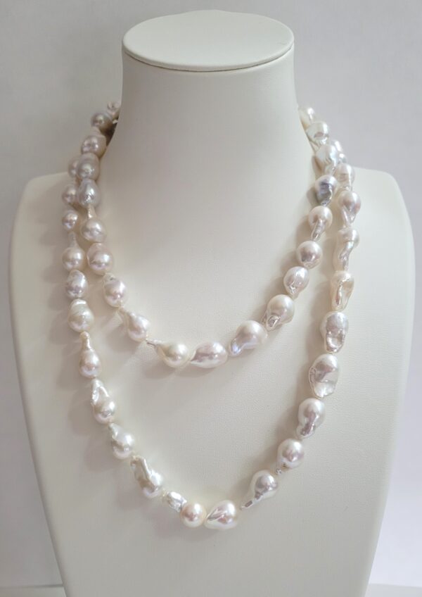 38" Baroque White Freshwater Pearls Knotted on Silk with a 14kt Yellow Gold & Diamond Ball Clasp