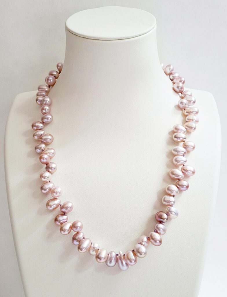 20" Pink Freshwater Teardrop Pearls Knotted on Silk with a 14kt Yellow Gold Ball Clasp