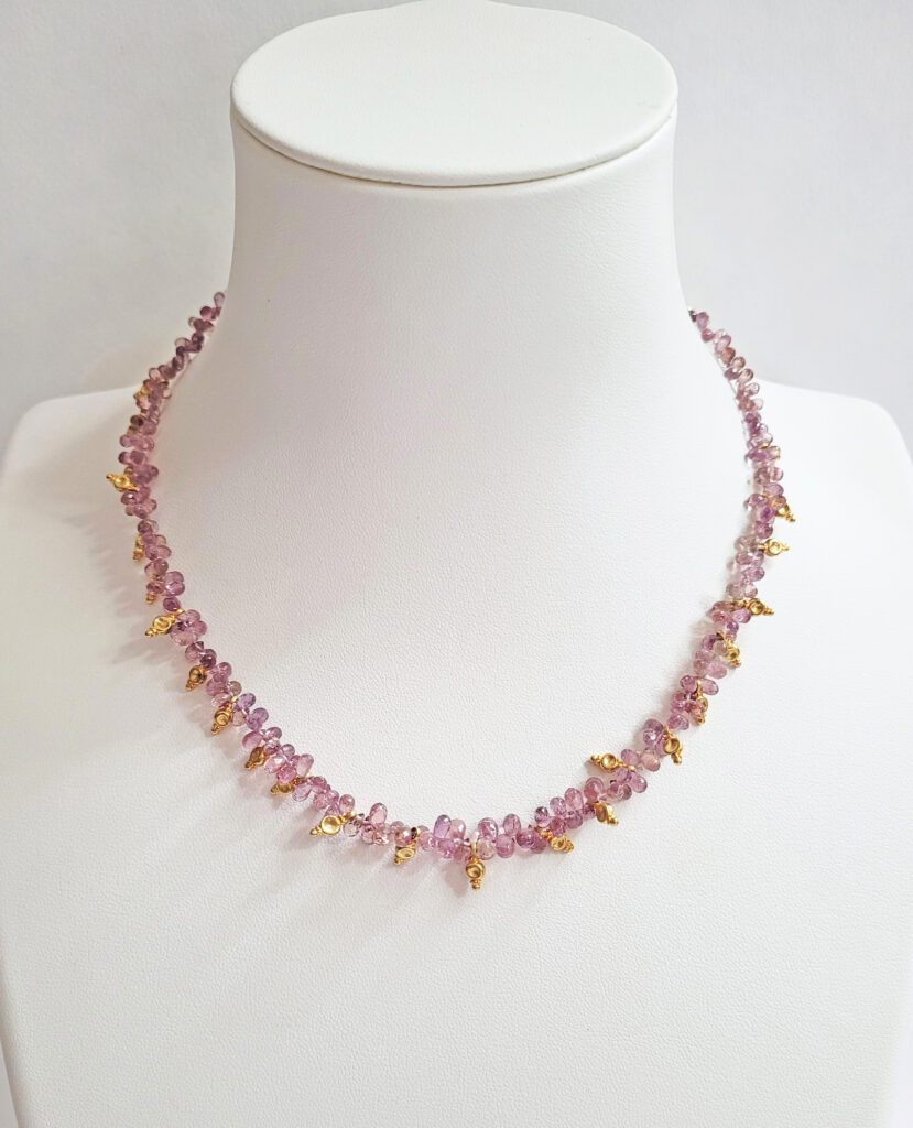 13.5" - 16" Soft Rose Colored Faceted Montana Sapphire Briolette, 18kt Yellow Gold Beads & Clasp, 14kt Yellow Gold Chain Necklace