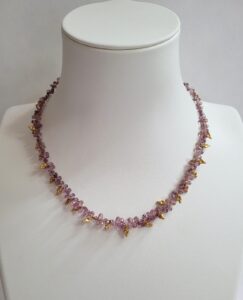 13.5" - 16" Soft Rose Colored Faceted Montana Sapphire Briolette, 18kt Yellow Gold Beads & Clasp, 14kt Yellow Gold Chain Necklace