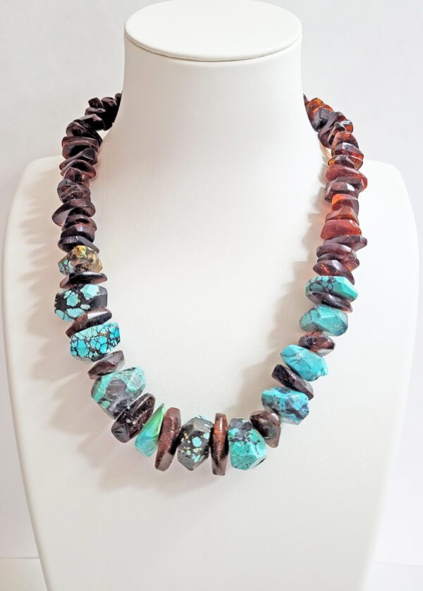 19" Kingman Turquoise Nuggets, Amber & Sterling Silver Necklace
