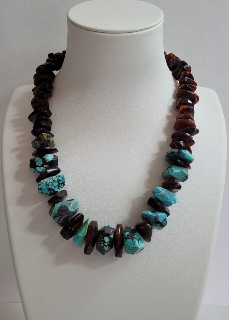 19" Kingman Turquoise Nuggets, Amber & Sterling Silver Necklace