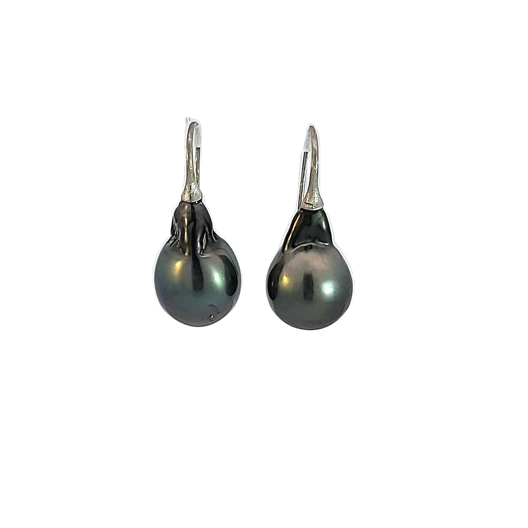 Baroque Dark Silver Tahitian Pearls & 18kt White Gold Wire Earrings