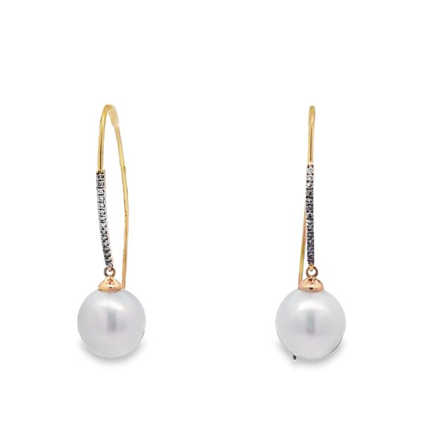 12.25mm Round White South Sea Pearls on 18kt Yellow Gold & Diamond Earrings