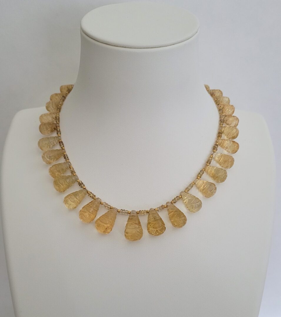 15" - 17" Graduated Carved Citrine Teardrop Gemstones, Yellow Montana Sapphire Beads, 18kt Yellow Gold Beads, Clasp & Chain Necklace