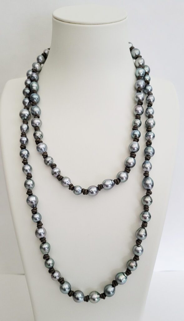 48" 8mm - 11mm Baroque Silver Tahitian Pearls Knotted on Leather Finished with an 18kt Yellow Gold Clasp, Chain & Caps