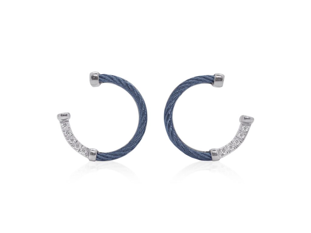 18kt White Gold, Navy Cable & Diamond Hoop Earrings