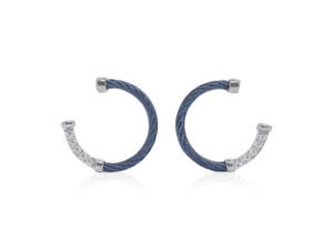 18kt White Gold, Navy Cable & Diamond Hoop Earrings