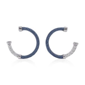 18kt White Gold, Navy Cable & Diamond Hoop Earrings