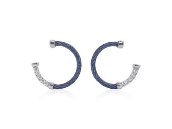 18kt White Gold, Navy Cable & Diamond Hoop Earrings