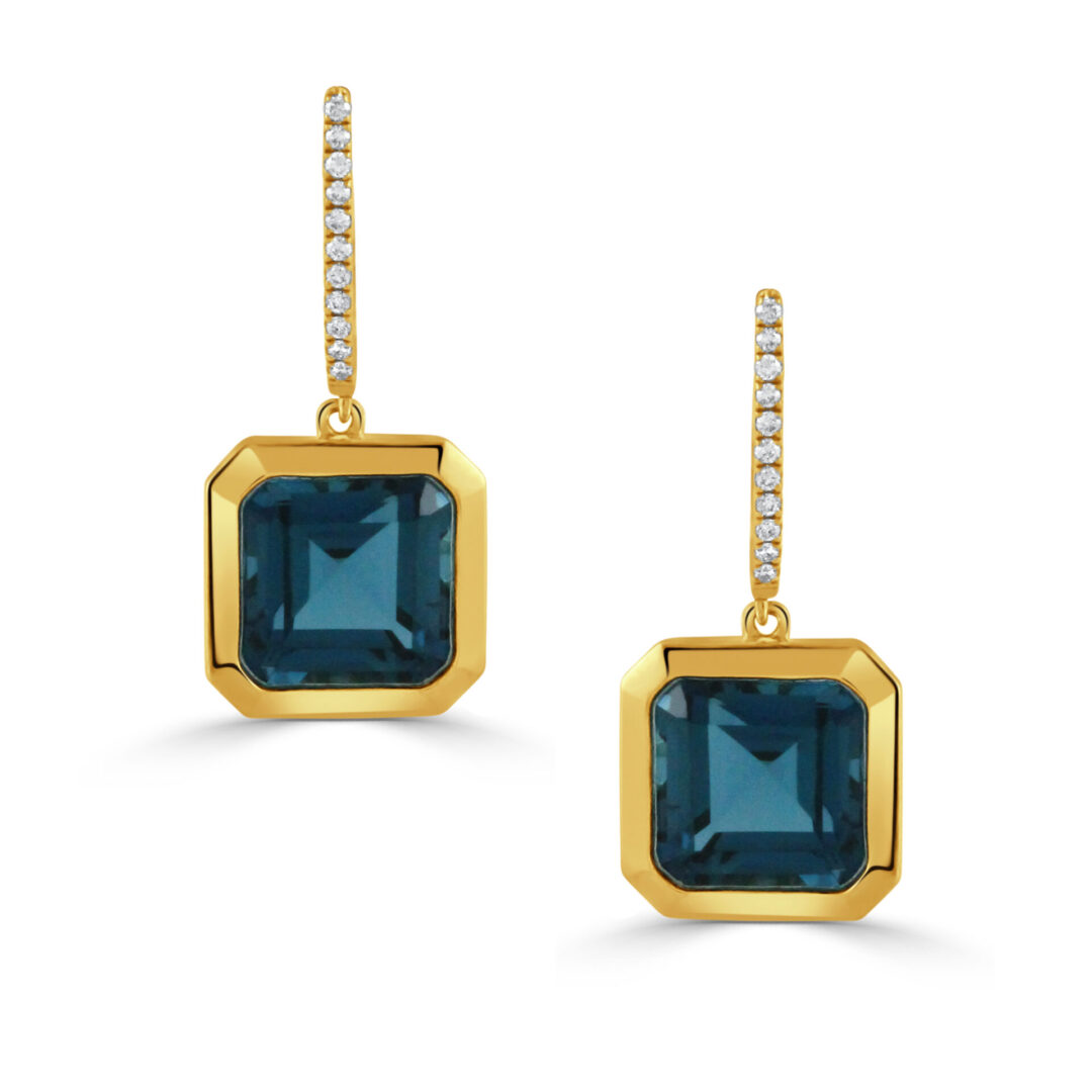 18kt Yellow Gold, Diamond (22 Diamonds = 0.11cts) & London Blue Topaz (8.36cts) Earrings