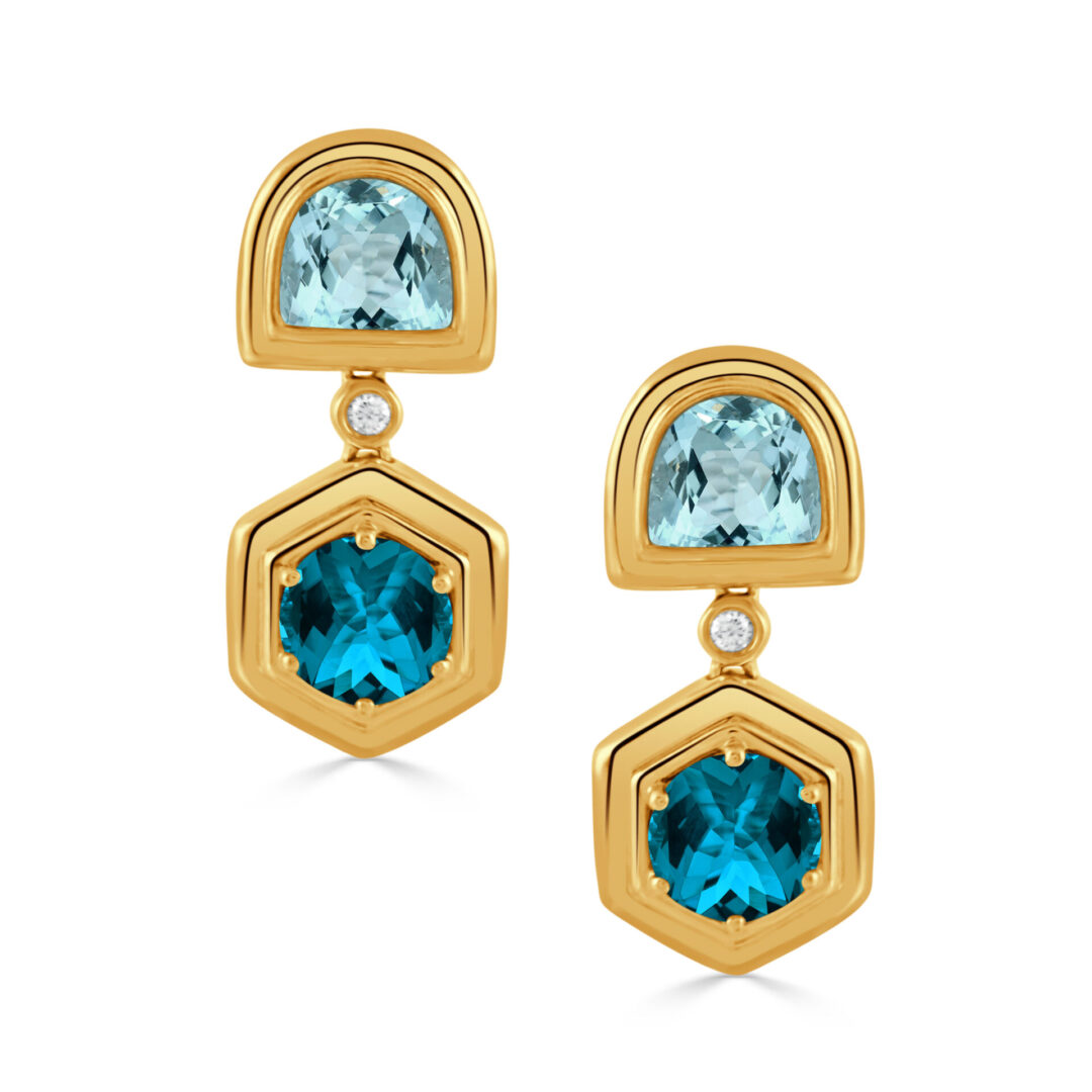 18kt Yellow Gold, Diamond, London Blue Topaz & Sky Blue Topaz Drop Earrings