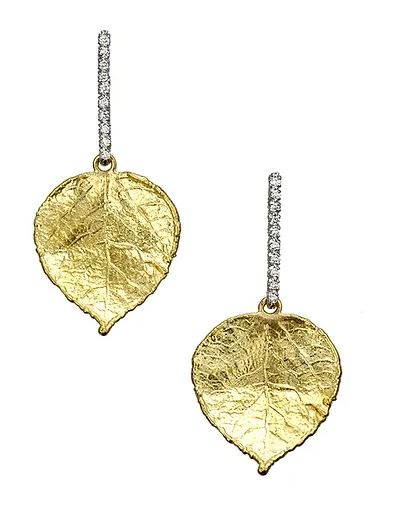 19kt Yellow Gold Aspen Leaves Hanging From an 18kt White Gold & Diamond Bar Earrings