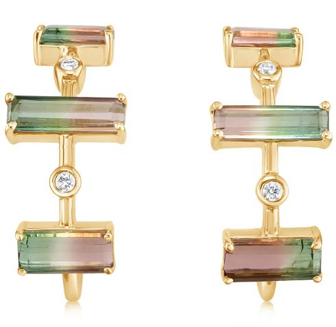 14kt Yellow Gold, Bi-Color Tourmaline (2.40cts) & Diamond (0.06cts) Earrings