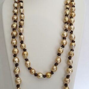 9mm-12mm Golden Baroque South Sea Pearls Knotted on Fine Italian Leather, Handmade 18kt Yellow Gold Cap & Clasp