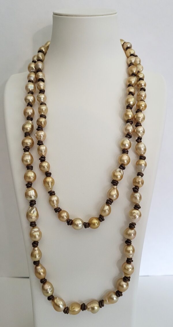 9mm-12mm Golden Baroque South Sea Pearls Knotted on Fine Italian Leather, Handmade 18kt Yellow Gold Cap & Clasp