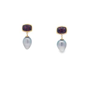 Garnet, 18kt Yellow Gold & Tahitian Pearl Earrings