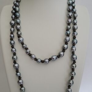 48" 8mm - 11mm Baroque Silver Tahitian Pearls Knotted on Leather Finished with an 18kt Yellow Gold Clasp, Chain & Caps