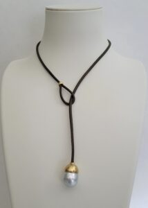 Single White South Sea Pearl, Hand Hammered 18kt Yellow Gold Cap & Italian Leather Lariat