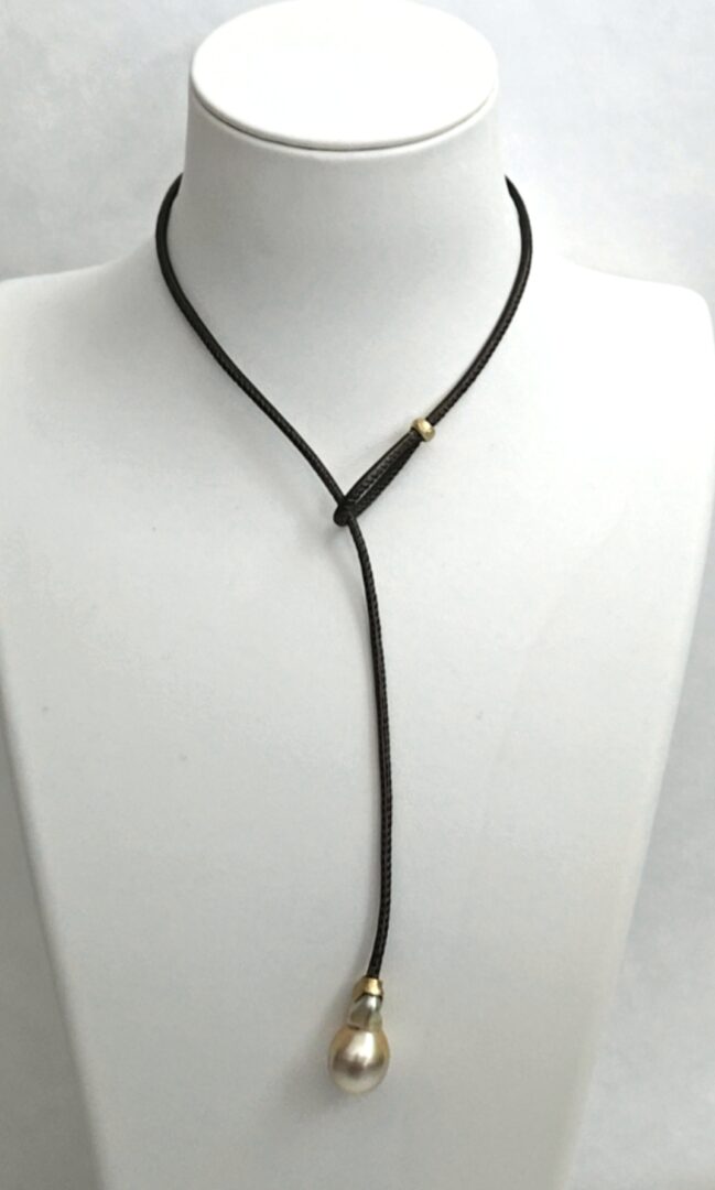 Golden South Sea Pearl, 18kt Yellow Gold Cap & Keeper, Hand Stitched Italian Leather Lariat