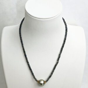 Green Montana Sapphire Beads, Green Tahitian Pearl, 18kt Yellow Gold Clasp & Beads Necklace
