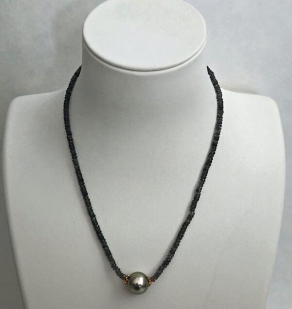 Green Montana Sapphire Beads, Green Tahitian Pearl, 18kt Yellow Gold Clasp & Beads Necklace