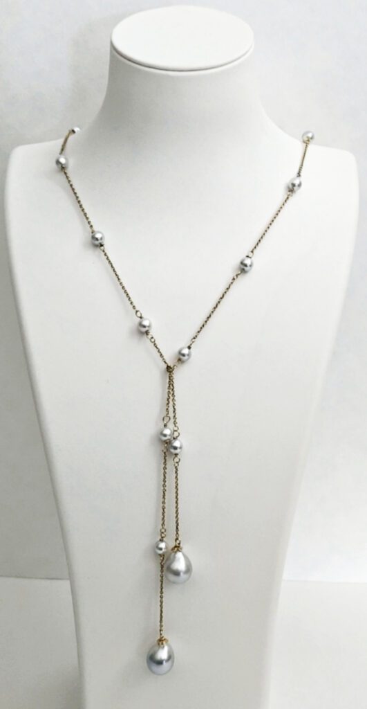18kt Yellow Gold Cable Chain, Blue/Silver Akoya Pearls & South Sea Pearl Drop Lariat