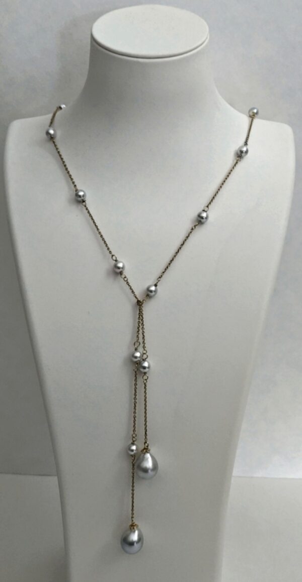 18kt Yellow Gold Cable Chain, Blue/Silver Akoya Pearls & South Sea Pearl Drop Lariat